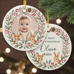 Cute Woodland Baby First Christmas Keepsake Ceramic Ornament<br><div class="desc">Celebrate a magical milestone with this woodland baby First Christmas personalized photo ceramic ornament. Charming forest inspired illustrations pair with a sweet photo layout, creating a warm and whimsical keepsake for the holiday season. Designed with soft colors, crisp print quality, and a polished finish, this ornament is perfect for gifting...</div>