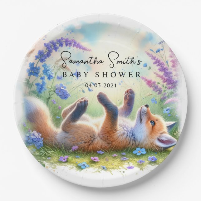 Cute Woodland Baby Fox Baby Shower Paper Plates (Front)