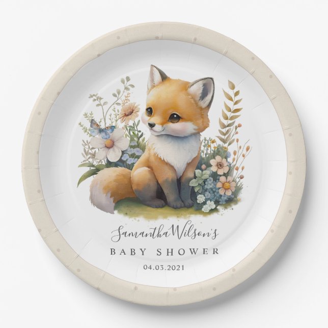 Cute Woodland Baby Fox Spring Baby Shower Paper Plates (Front)