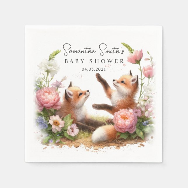 Cute Woodland Baby Foxes Spring Baby Shower Napkins (Front)