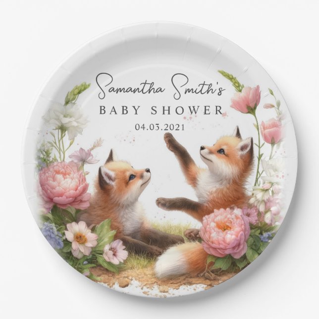 Cute Woodland Baby Foxes Spring Baby Shower Paper Plates (Front)