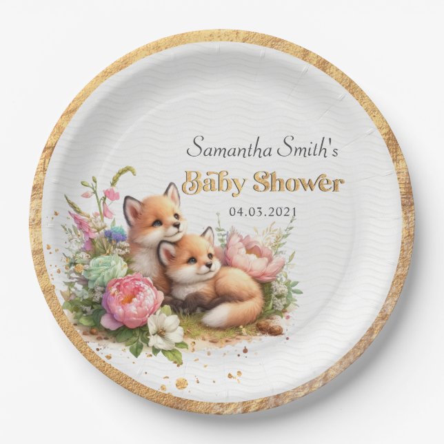 Cute Woodland Baby Foxes Spring Baby Shower Paper Plates (Front)