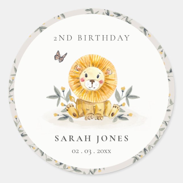Cute Woodland Baby Lion Foliage Any Age Birthday Classic Round Sticker (Front)