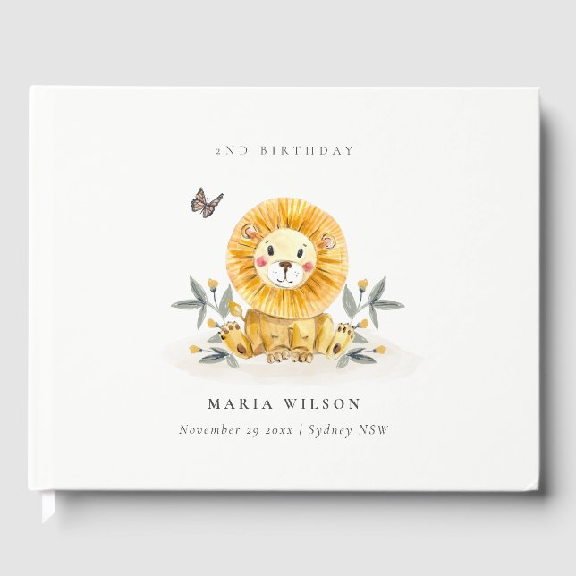 Cute Woodland Baby Lion Foliage Any Age Birthday Guest Book (Front)