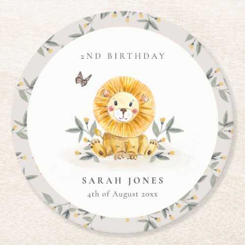 Cute Woodland Baby Lion Foliage Any Age Birthday Round Paper Coaster