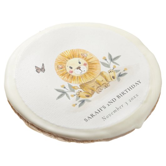 Cute Woodland Baby Lion Foliage Any Age Birthday Sugar Cookie (Angled)