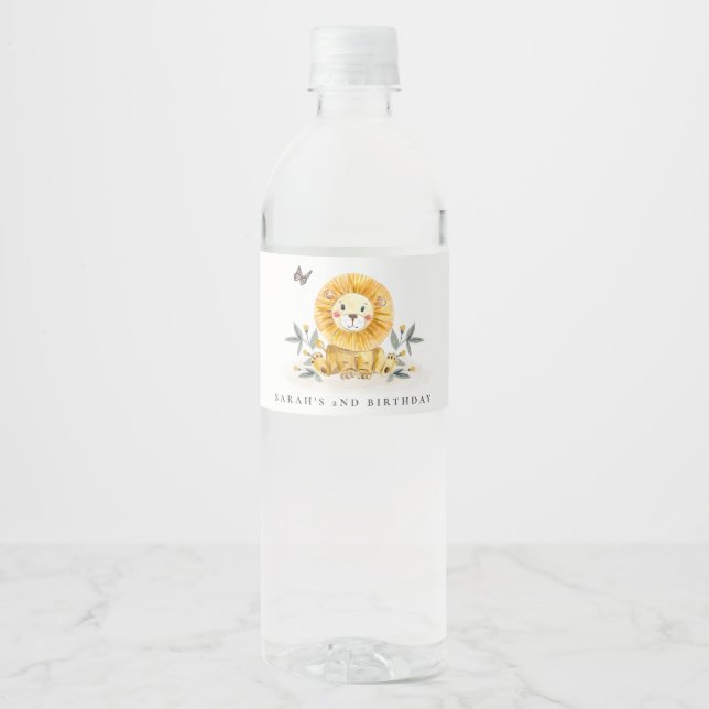 Cute Woodland Baby Lion Foliage Any Age Birthday Water Bottle Label (Front)