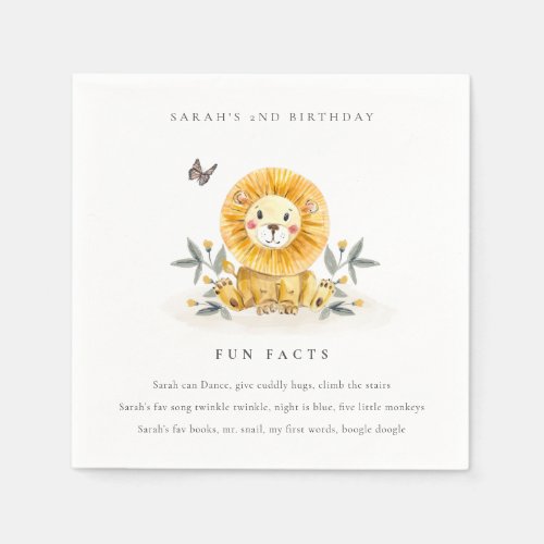 Cute Woodland Baby Lion Foliage Fun Facts Birthday Napkins