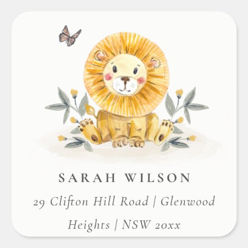 Cute Woodland Baby Lion Foliage Yellow Address Square Sticker