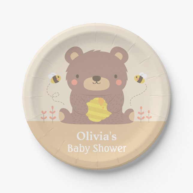 Cute Woodland Bear and Bees Baby Shower Supplies Paper Plates (Front)