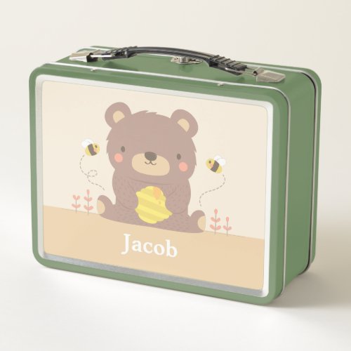 Cute Woodland Bear And Bees Kids Personalized Metal Lunch Box