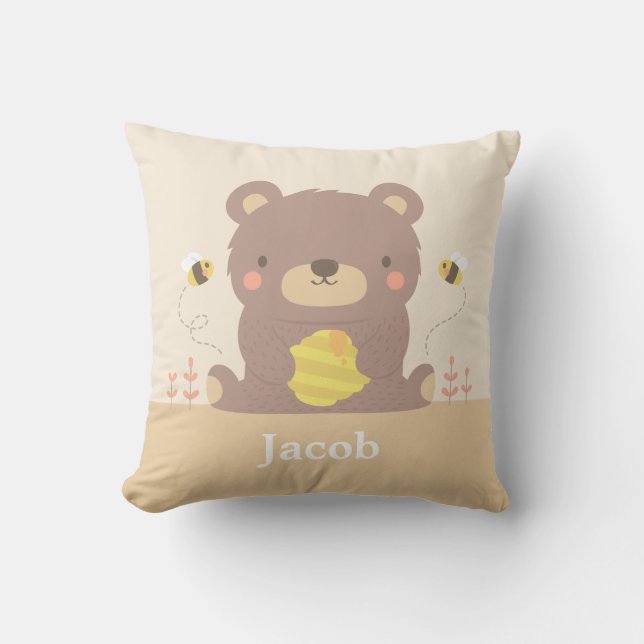 Cute Woodland Bear and Bees Nursery Room Decor Throw Pillow (Front)