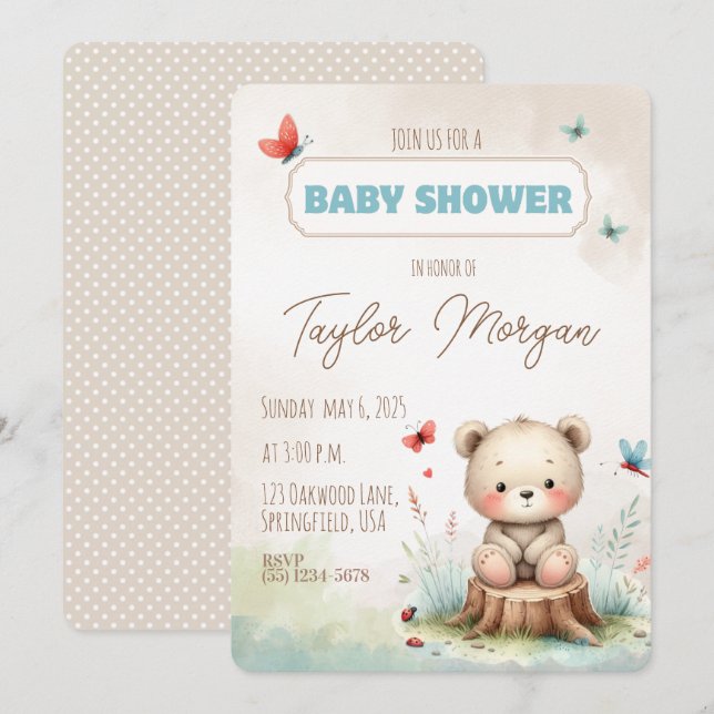 Cute Woodland Bear Baby Shower Invitation (Front/Back)