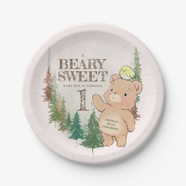 Cute Woodland Bear Birthday Paper Plates (Front)