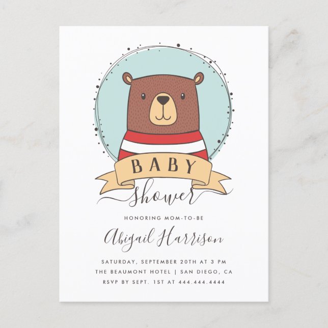 Cute Woodland Bear Boy Baby Shower Invitation Postcard (Front)