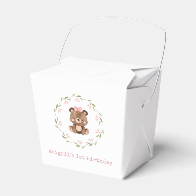 Cute Woodland Bear Eucalyptus Floral Birthday Favor Boxes (Front Side)