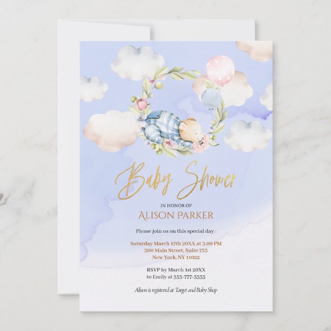 Cute Woodland Bear Floral Blue Sky Baby Shower Invitation (Front)
