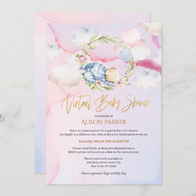 Cute Woodland Bear Floral Pink Sky Virtual Shower Invitation (Front/Back)