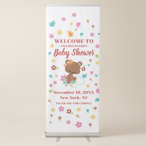 Cute Woodland Bear  Flowers Baby Girl Baby Shower Retractable Banner