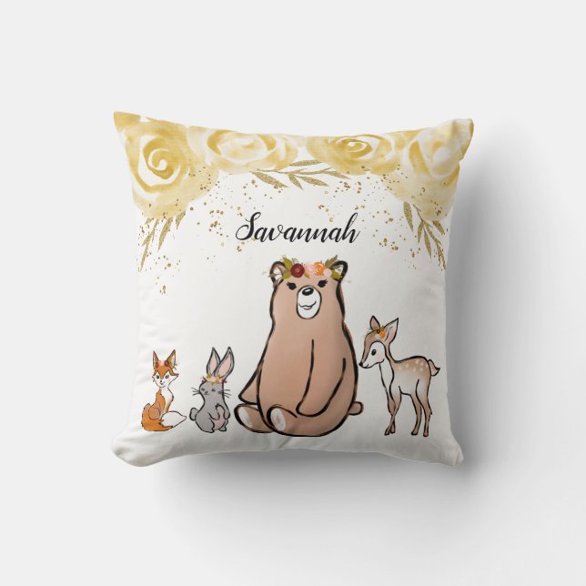 Cute Woodland Bear & Friends Throw Pillow (Front)