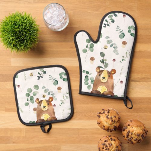 Cute Woodland Bear Greenery Bees Mushrooms Oven Mitt  Pot Holder Set