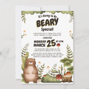 Cute woodland bear greenery whimsical Baby Shower Invitation