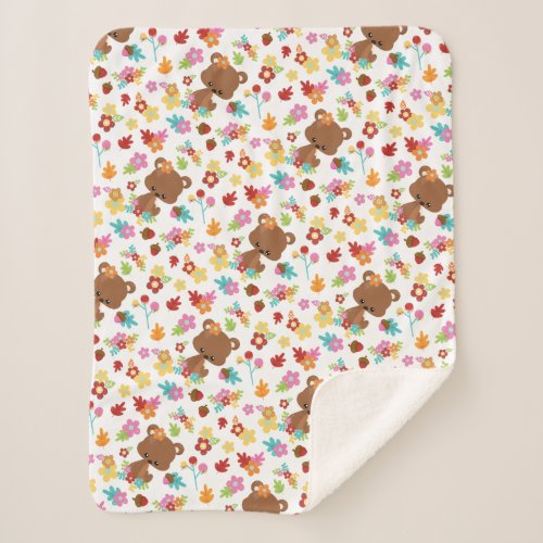 Cute Woodland Bear  leaves Baby Girl Kawaii Sherpa Blanket