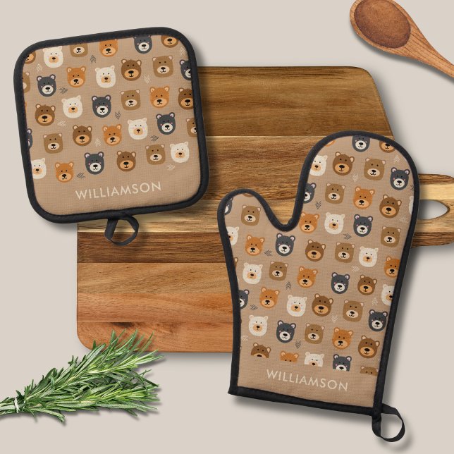 Cute woodland bear oven mitt & pot holder set (Brown bear kids oven glove mitt set beige with personalized name)