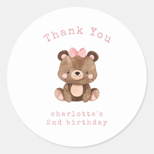 Cute Woodland Bear Pink Girl Birthday Thank You Classic Round Sticker