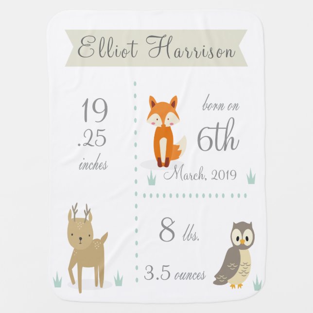 Cute Woodland Birth Announcement Baby Blanket (Front)