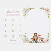 Cute Woodland Blush Pink Floral Monthly Milestone Baby Blanket