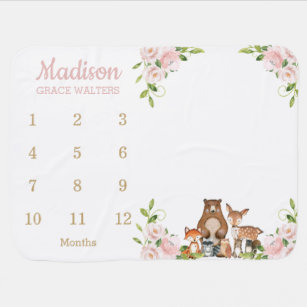 Cute Woodland Blush Pink Floral Monthly Milestone Baby Blanket