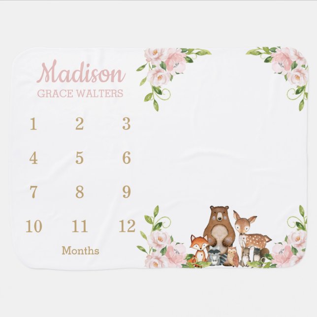 Cute Woodland Blush Pink Floral Monthly Milestone Baby Blanket (Horizontal)