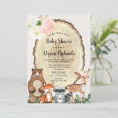 Cute woodland blush pink greenery girl baby shower invitation (Standing Front)