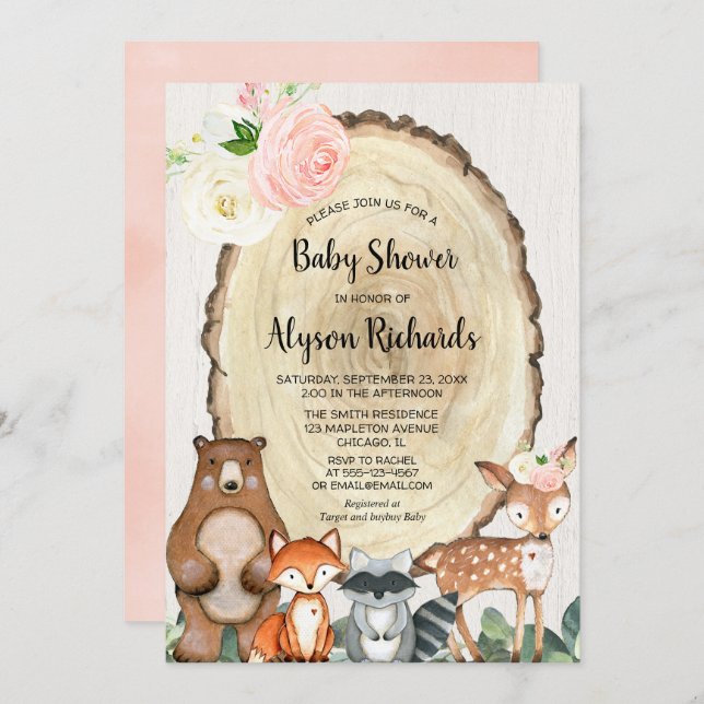 Cute woodland blush pink greenery girl baby shower invitation (Front/Back)