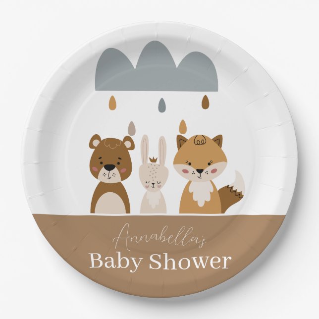 Cute Woodland Boho Baby Animals Paper Plates (Front)