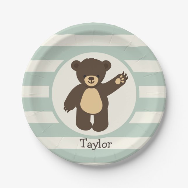 Cute Woodland Brown Bear; Sage Green Stripes Paper Plates (Front)