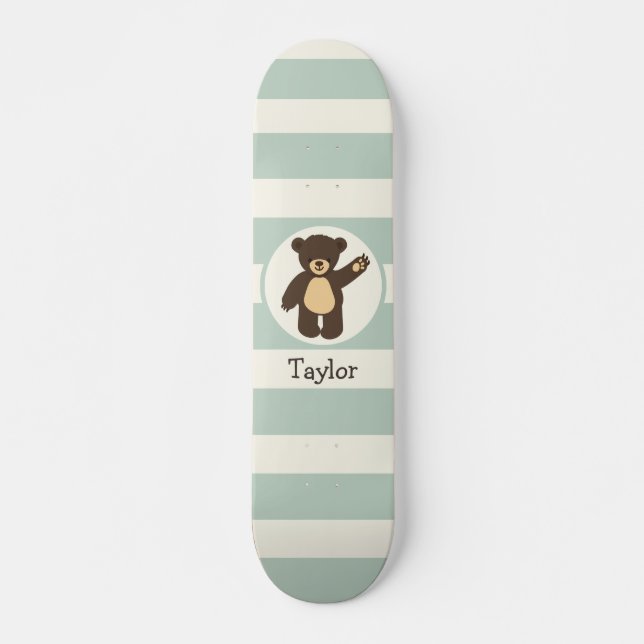 Cute Woodland Brown Bear; Sage Green Stripes Skateboard Deck (Front)