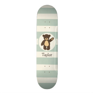 Cute Woodland Brown Bear; Sage Green Stripes Skateboard Deck