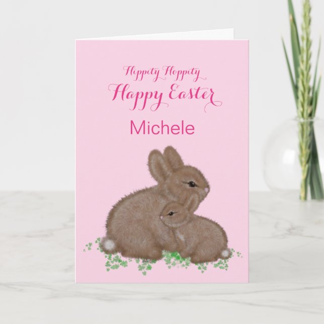 Cute Woodland Bunnies in Clover Pink Easter Holiday Card (Front)