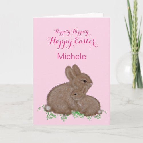 Cute Woodland Bunnies in Clover Pink Easter Holiday Card