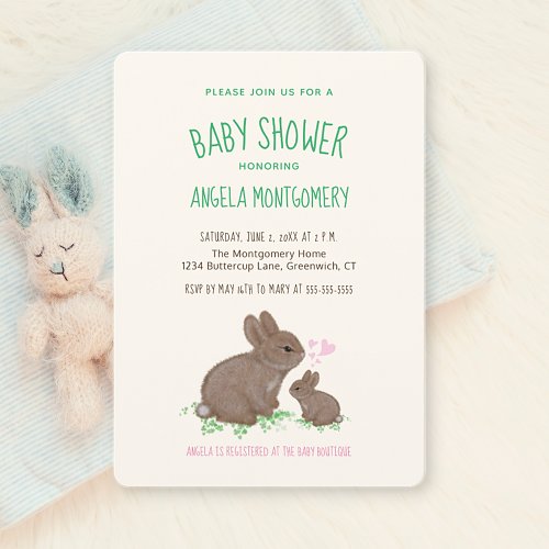 Cute Woodland Bunnies with Hearts Baby Shower Invitation