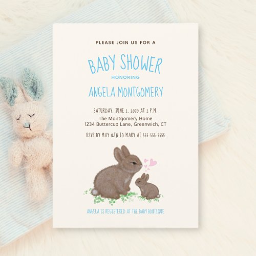 Cute Woodland Bunnies with Hearts Boy Baby Shower Invitation