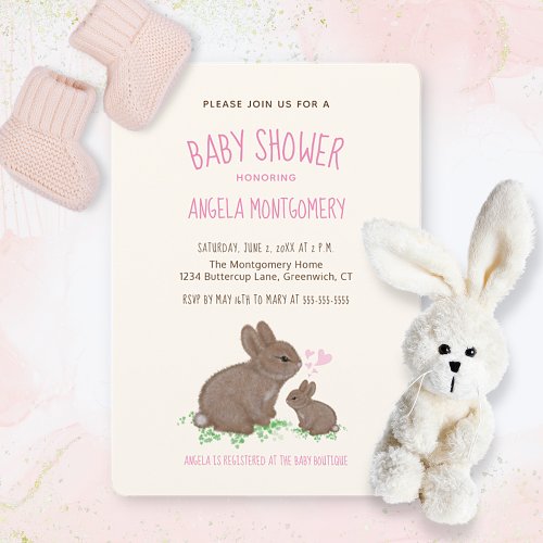 Cute Woodland Bunnies with Hearts Girl Baby Shower Invitation