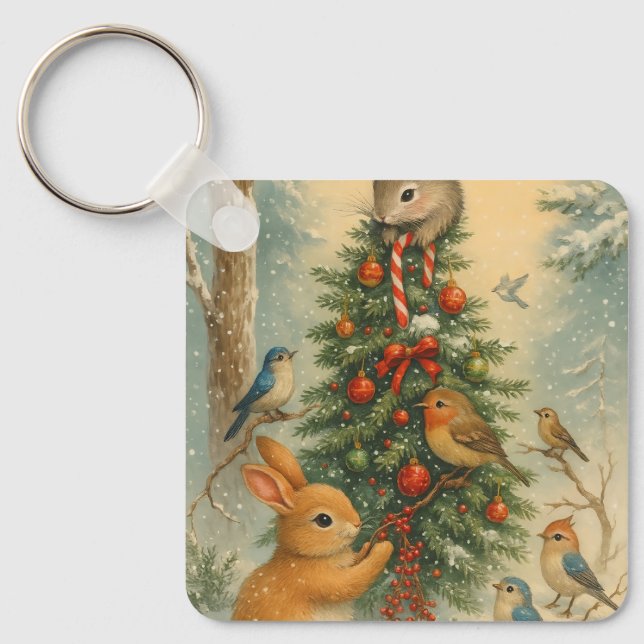 Cute woodland bunny christmas cozy festive winter  keychain (Front)