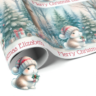 Cute Woodland Bunny Christmas Personalize Name Wrapping Paper