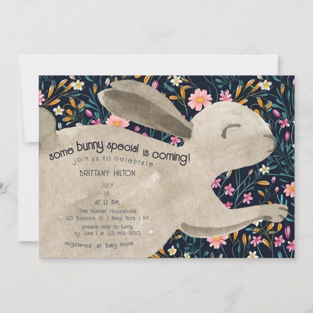 Cute Woodland Bunny Floral Baby Shower Invitation (Front)