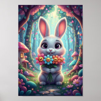 Cute Woodland Bunny Happy Smiley Flowers Poster