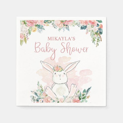 Cute Woodland Bunny  Pink Floral Baby Shower Napkins