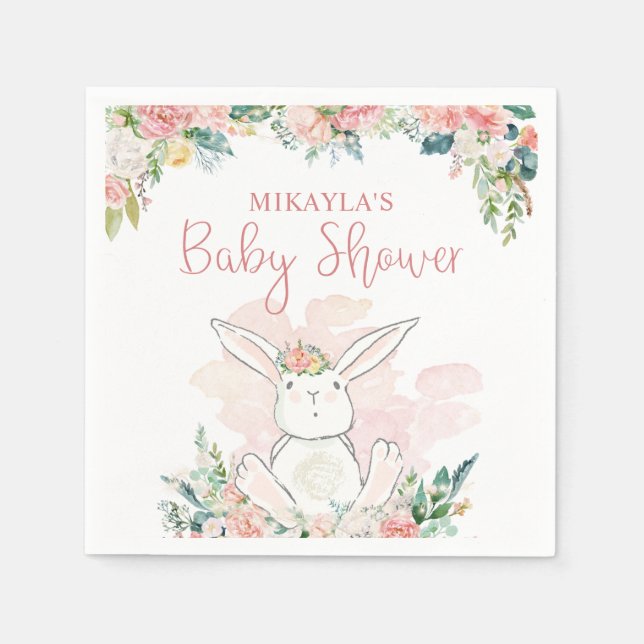 Cute Woodland Bunny  Pink Floral Baby Shower Napkins (Front)